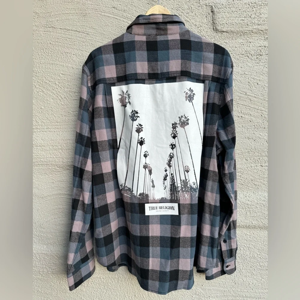 True Religion Palm Tree Check Plaid Long Sleeve Button Down Shirt. NWT. Size- XL